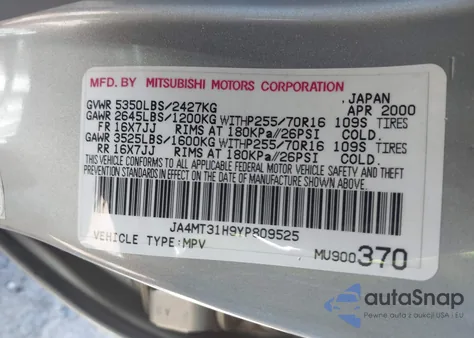 2000 Mitsubishi Montero Sport Ls/Xls z USA, uszkodzony, nr VIN JA4MT31H9YP809525